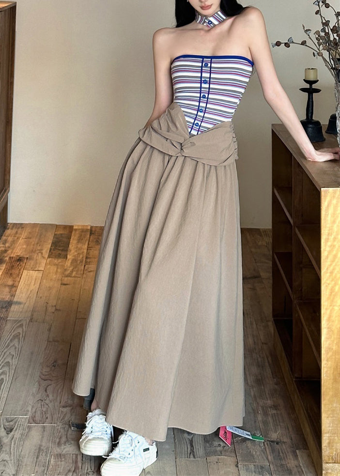 Shoulder Maxi Cold Sleeveless Dresses Khaki Wrinkled
