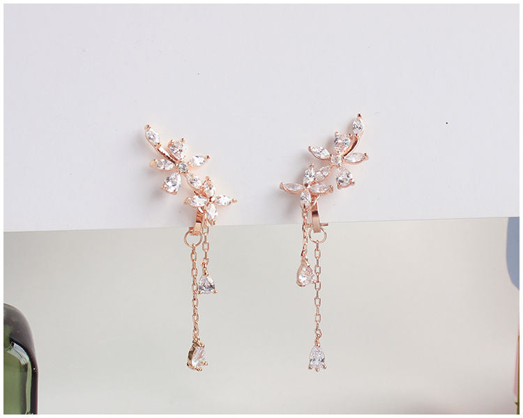 Floral Clip-On Rhinestone Earrings Stud /