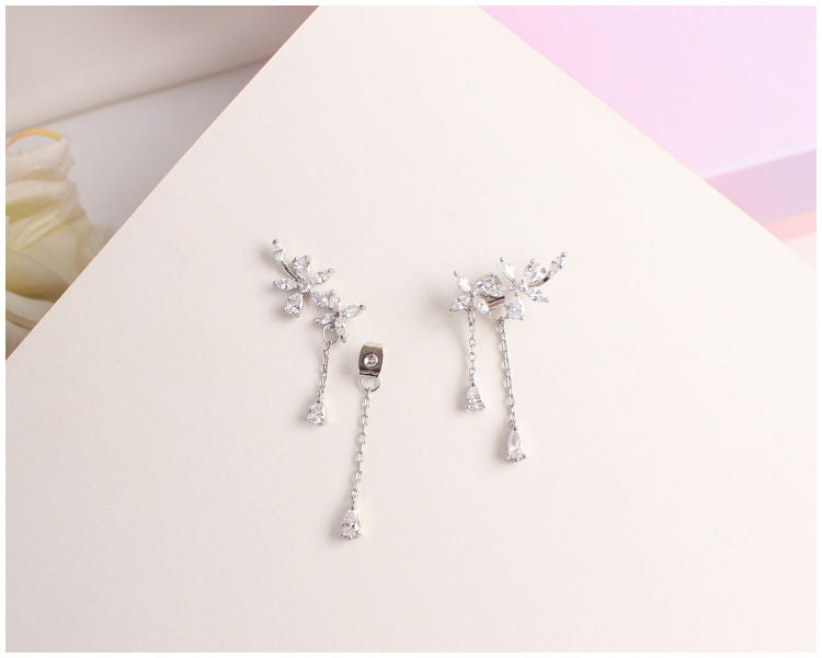 Floral Clip-On Rhinestone Earrings Stud /