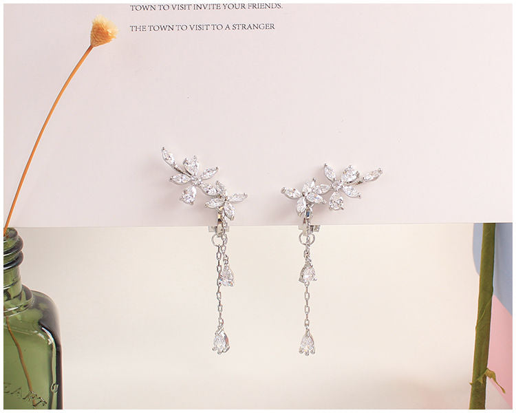 Floral Clip-On Rhinestone Earrings Stud /