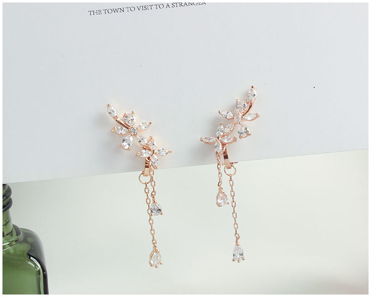 Floral Clip-On Rhinestone Earrings Stud /