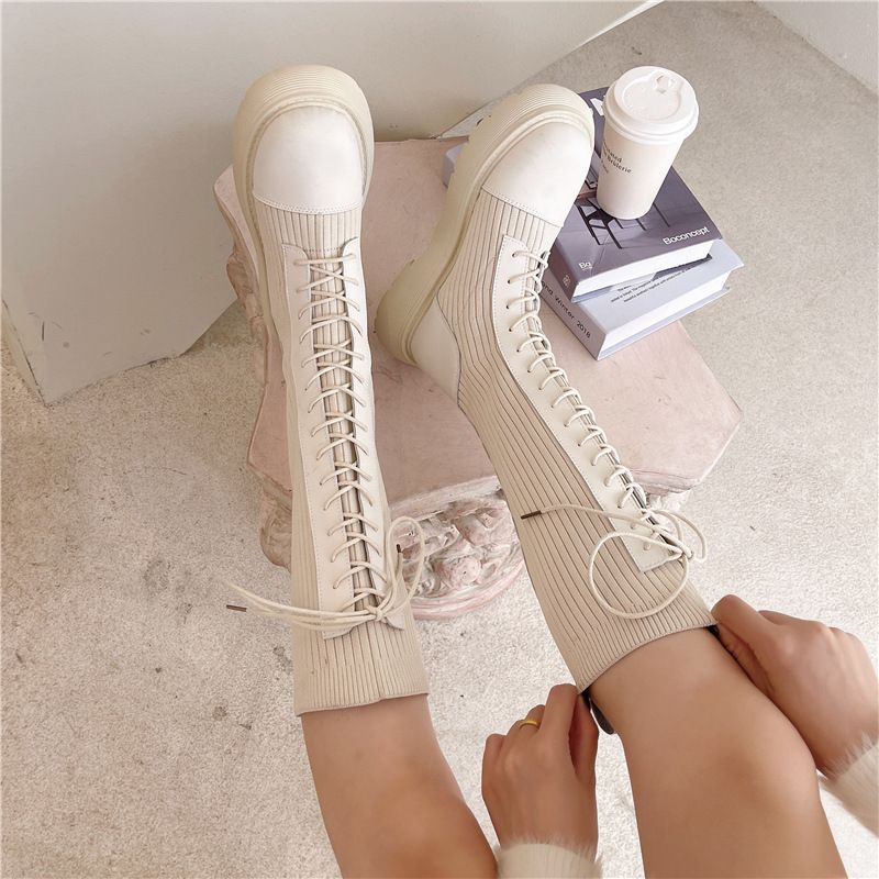 Platform Lace-Up Knit Panel Boots Tall