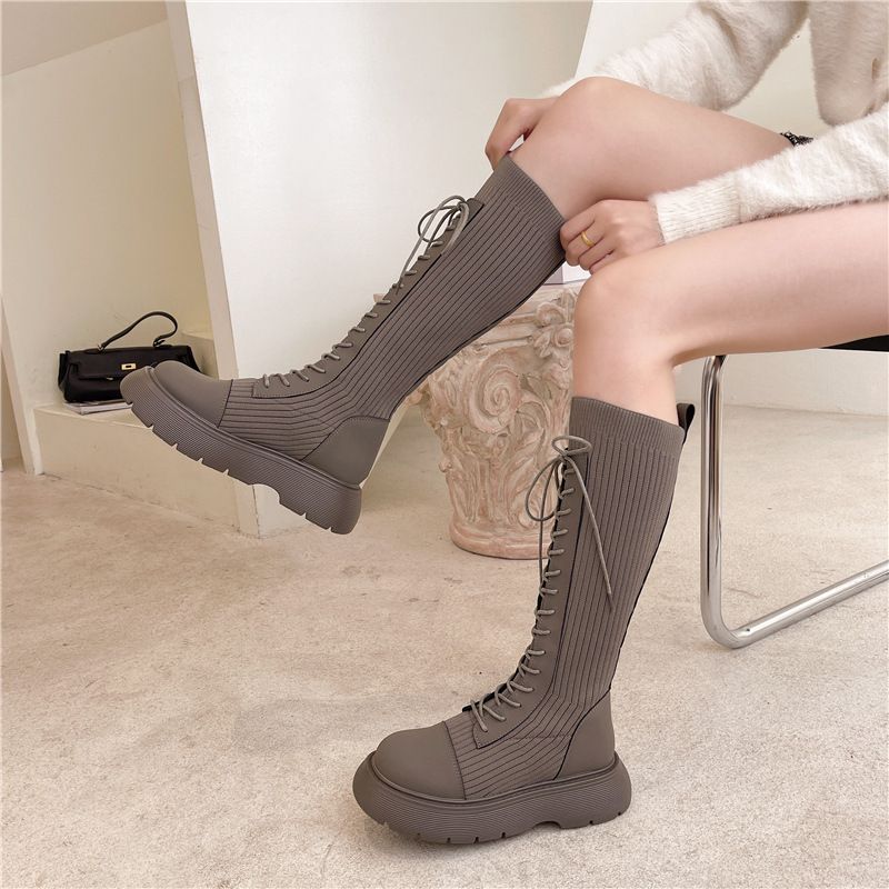 Platform Lace-Up Knit Panel Boots Tall
