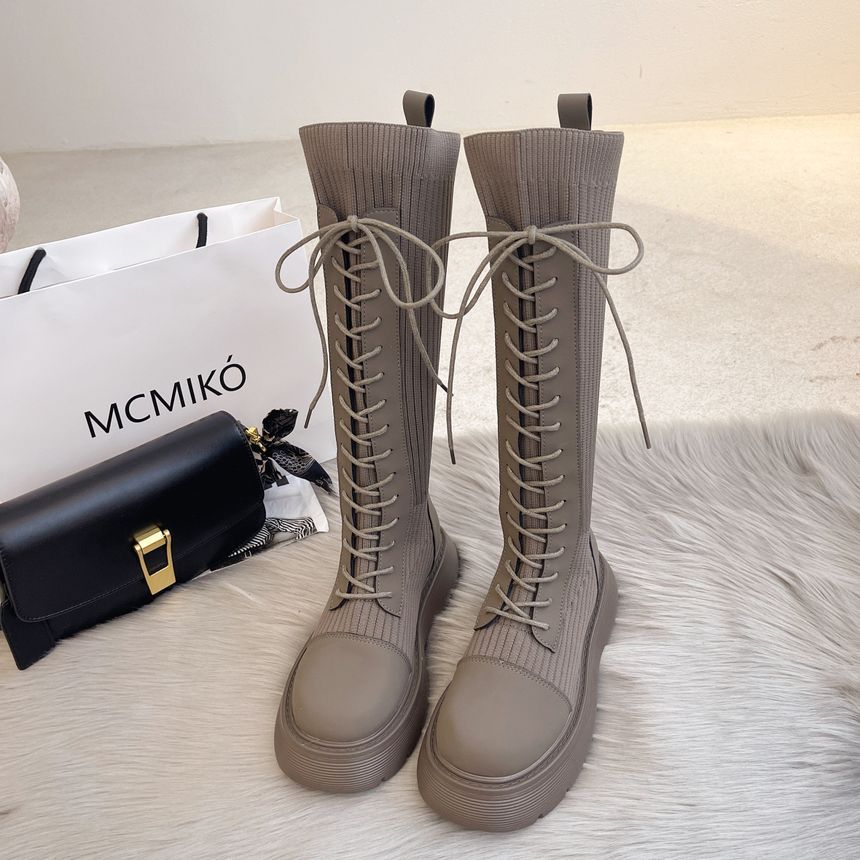 Platform Lace-Up Knit Panel Boots Tall