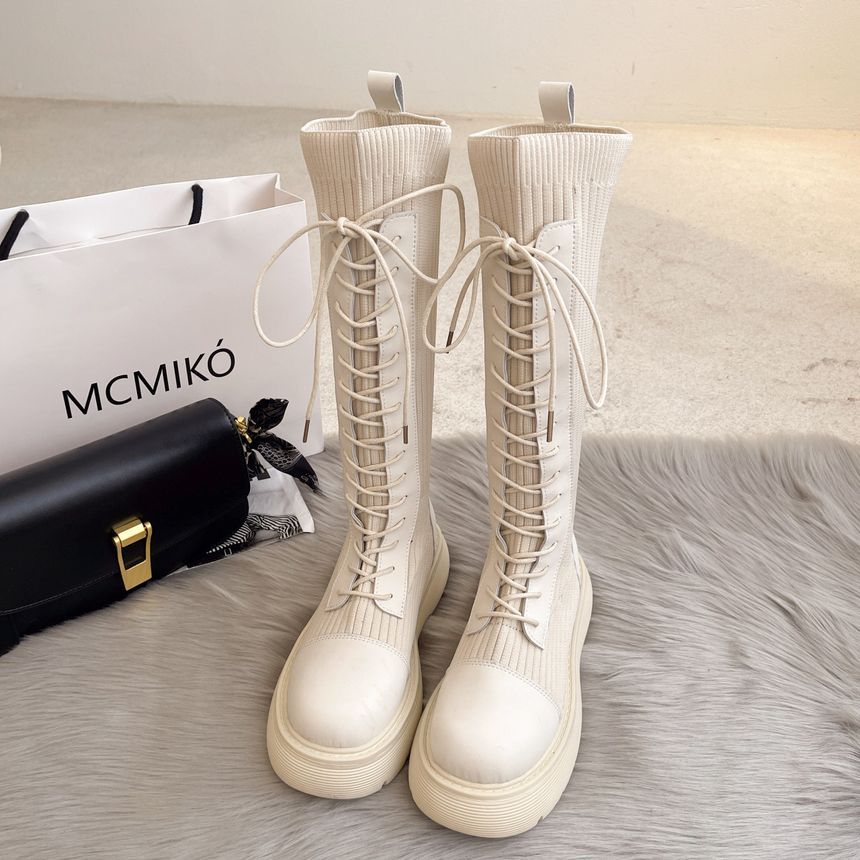 Platform Lace-Up Knit Panel Boots Tall
