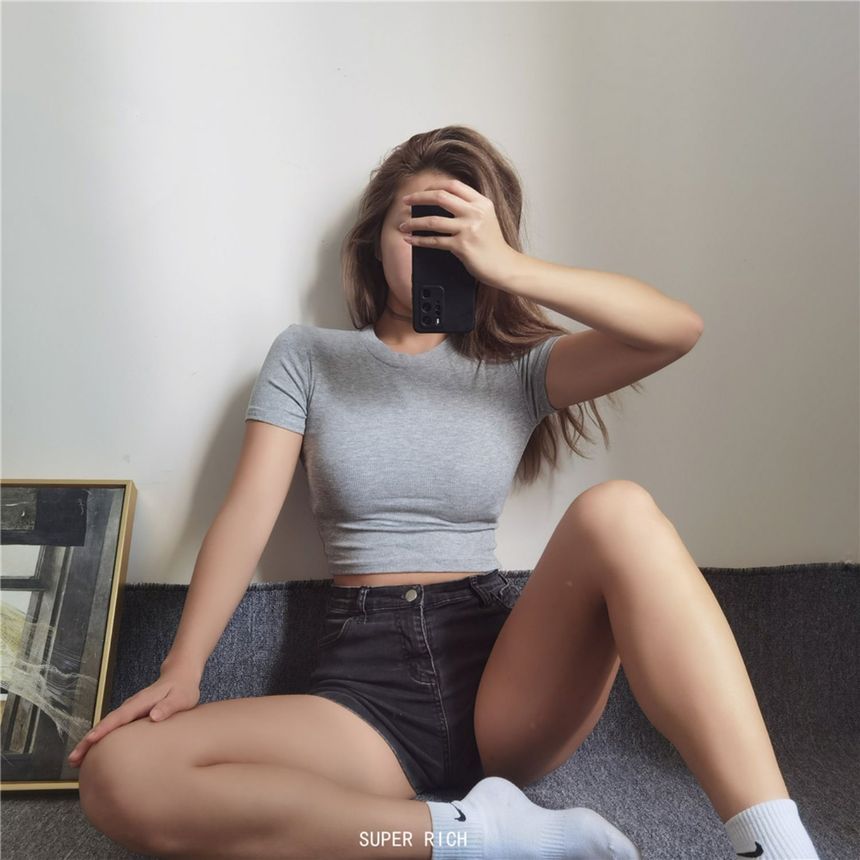 Short-Sleeve Top Plain Cropped