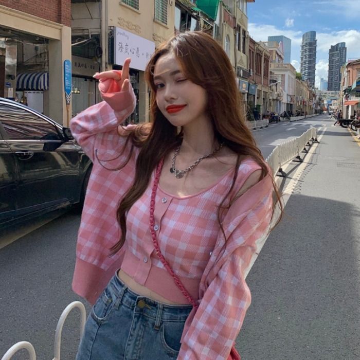 Cardigan Top Plaid Camisole /