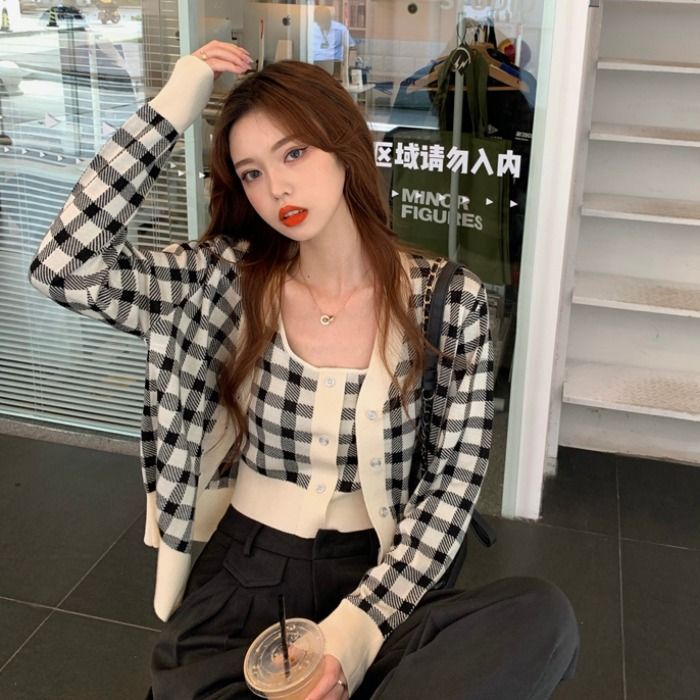 Cardigan Top Plaid Camisole /