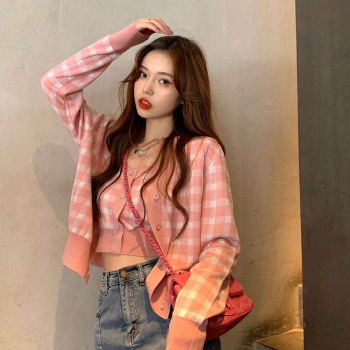 Cardigan Top Plaid Camisole /