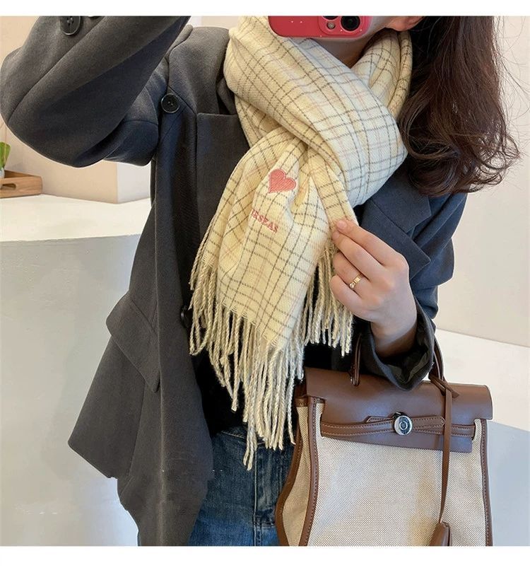 Scarf Heart Embroidered Plaid