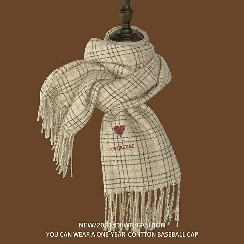 Scarf Heart Embroidered Plaid