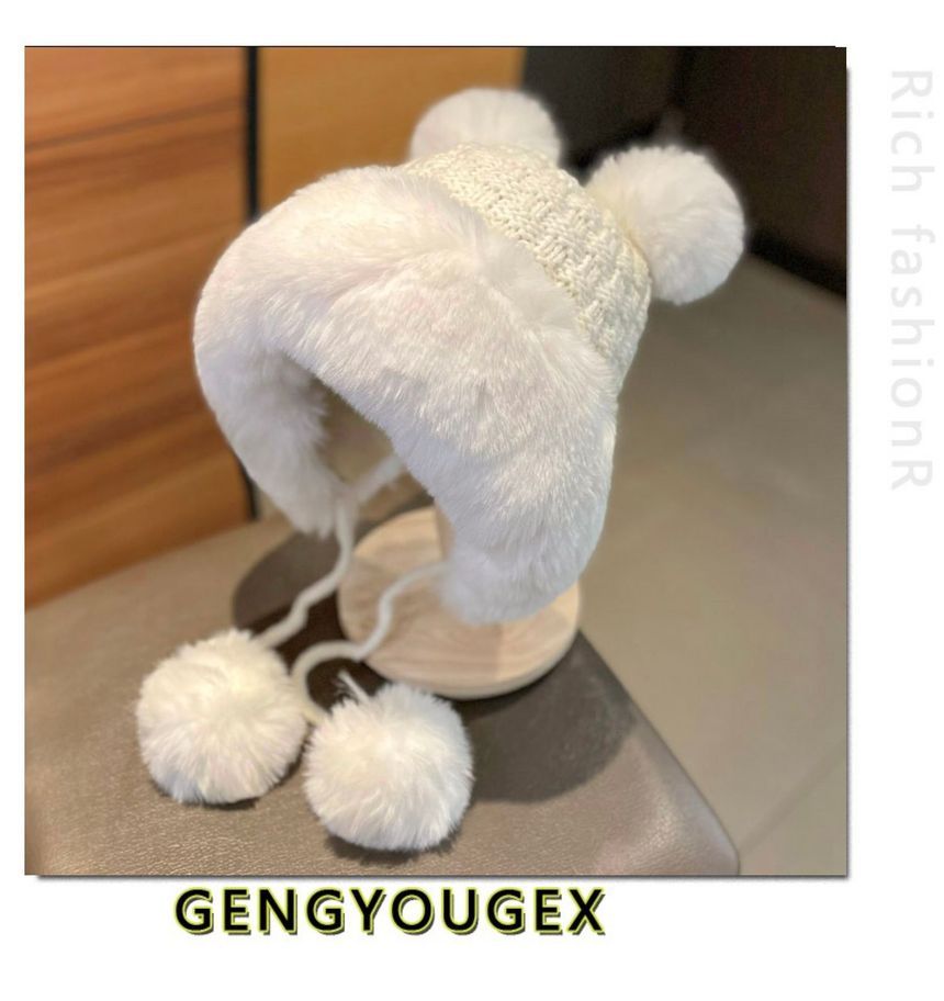 Fluffy Pom Panel Beanie