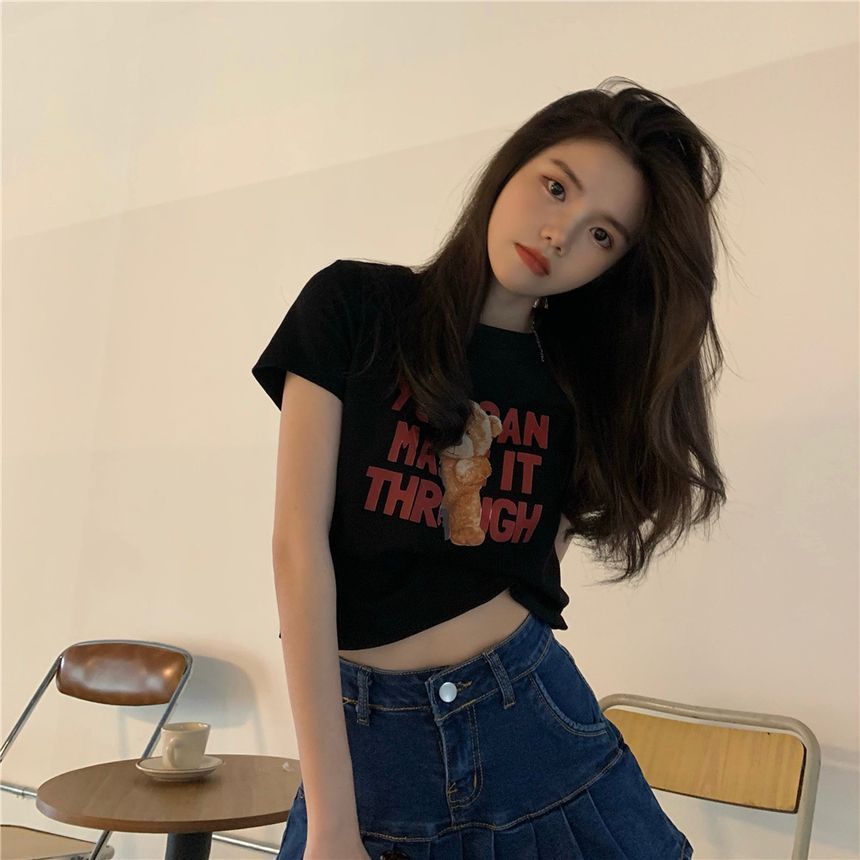 Bear Short-Sleeve Print Cropped T-Shirt