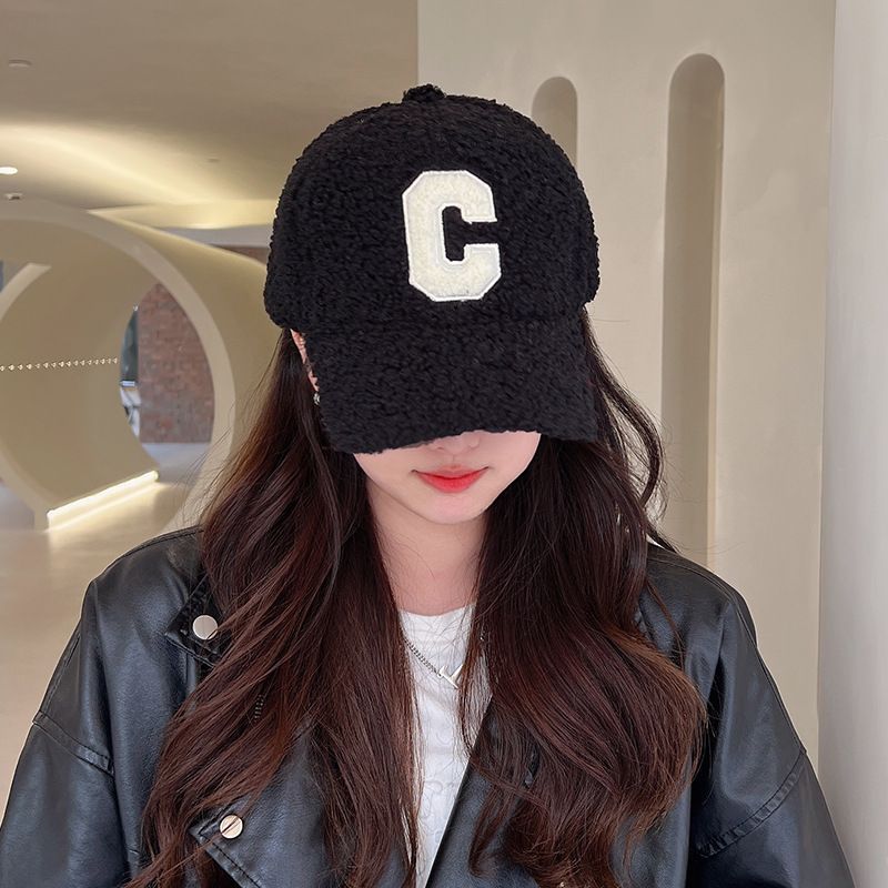 Lettering Applique Faux Shearling Baseball Cap