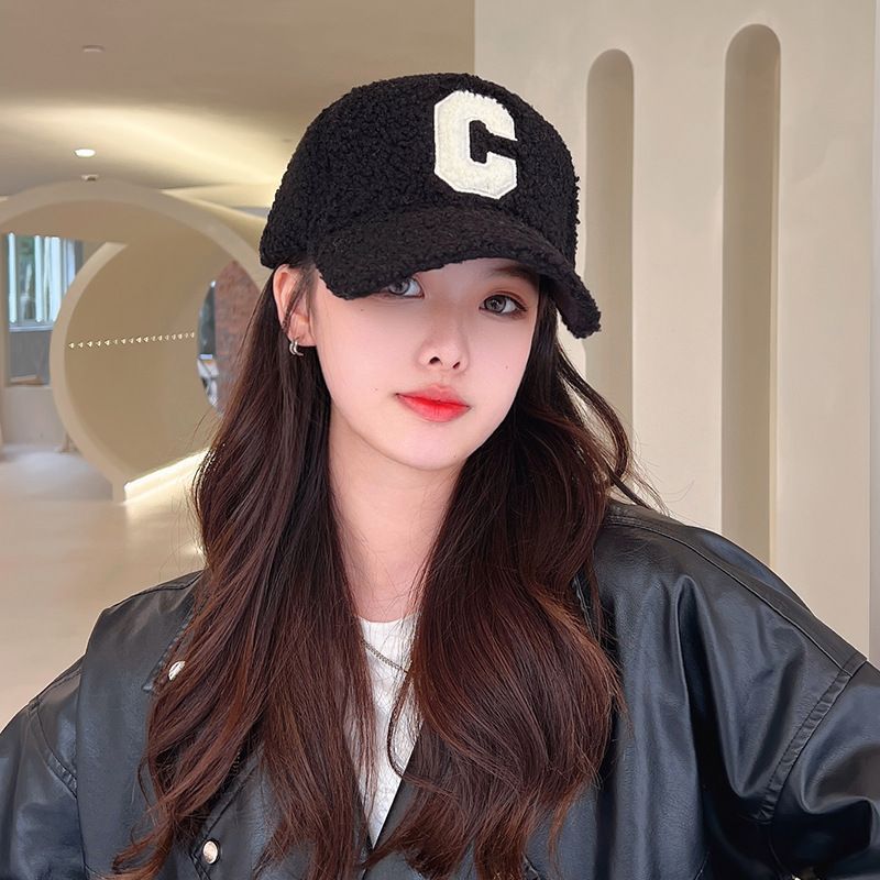 Lettering Applique Faux Shearling Baseball Cap
