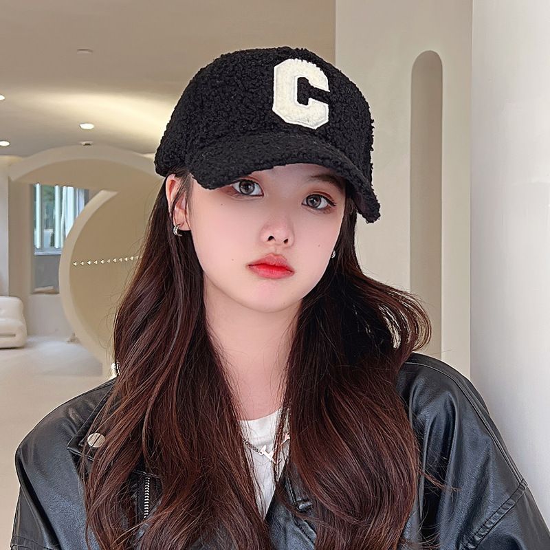 Lettering Applique Faux Shearling Baseball Cap