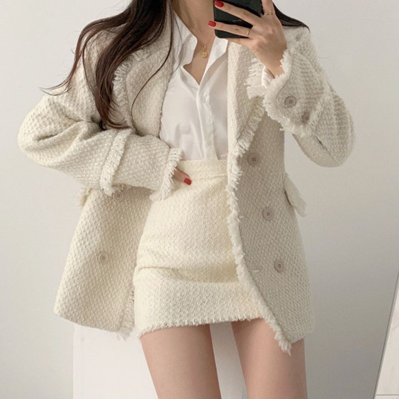Fringed Trim Tweed Blazer / A-Line Skirt