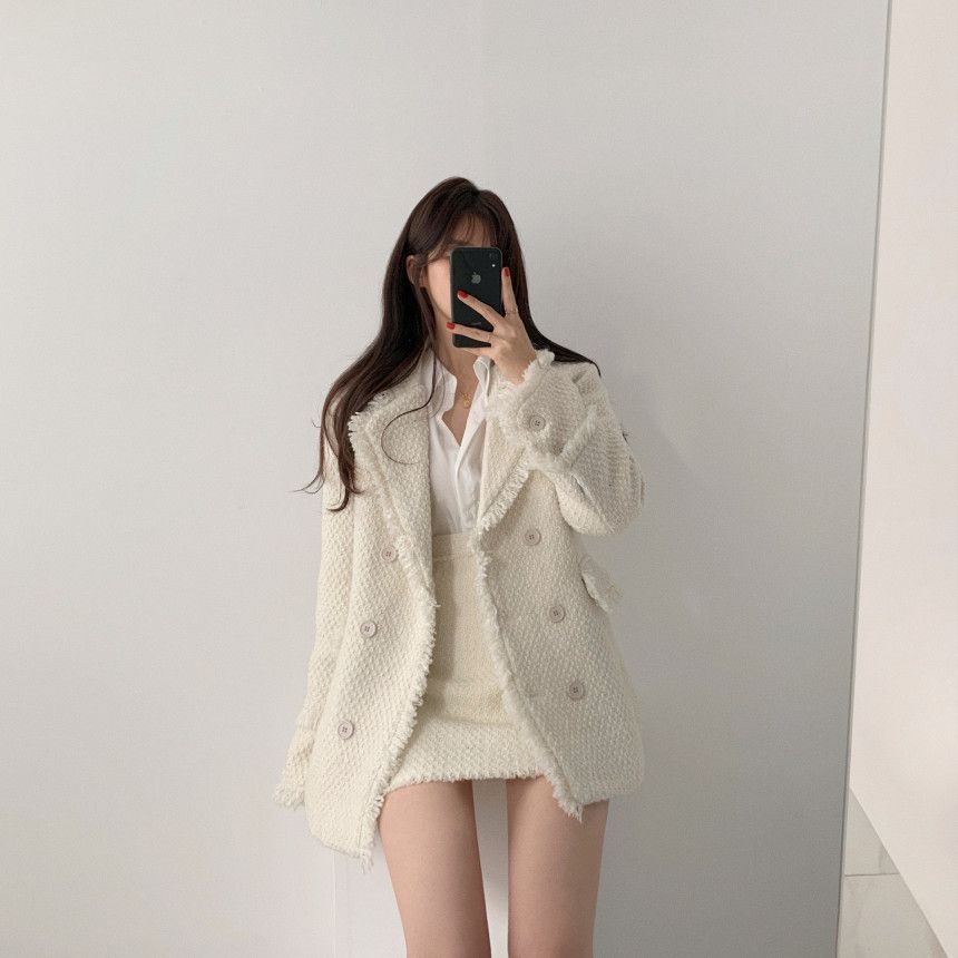 Fringed Trim Tweed Blazer / A-Line Skirt