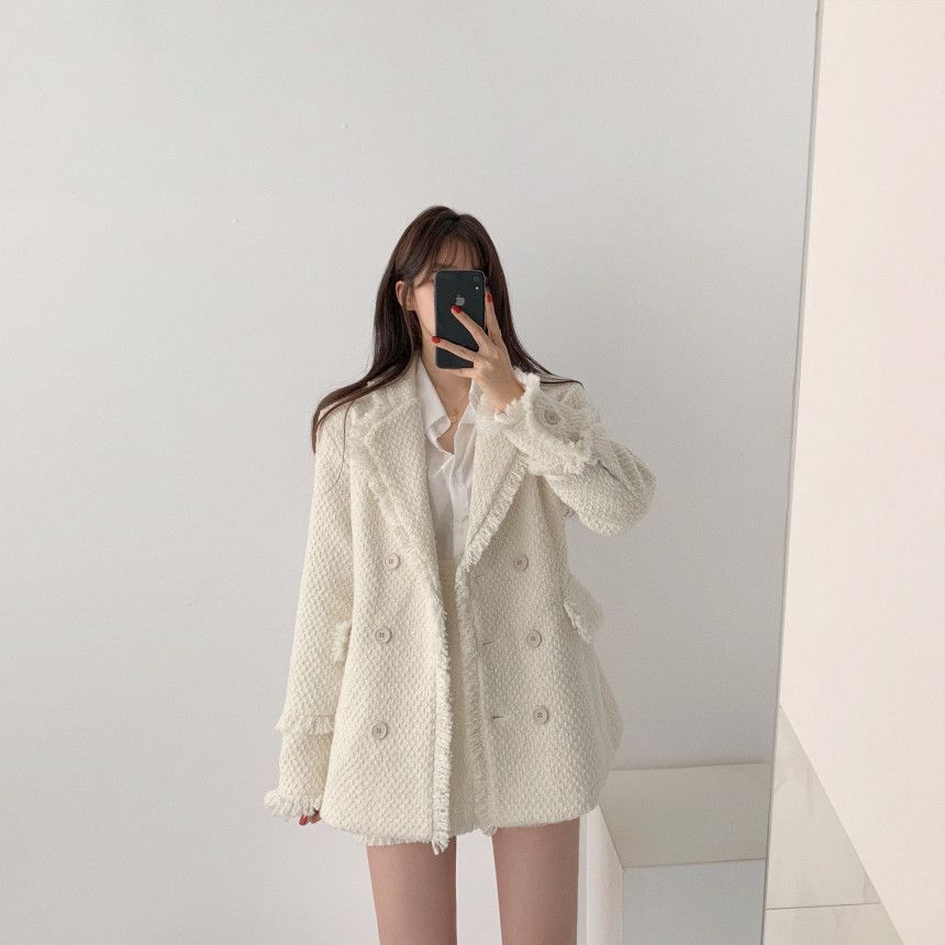 Fringed Trim Tweed Blazer / A-Line Skirt