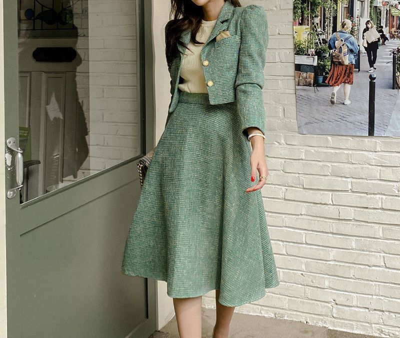 Set: Tweed Cropped Blazer + Midi A-Line Skirt