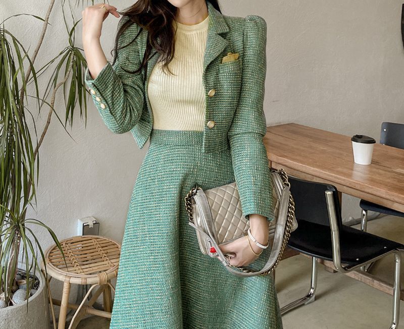Set: Tweed Cropped Blazer + Midi A-Line Skirt