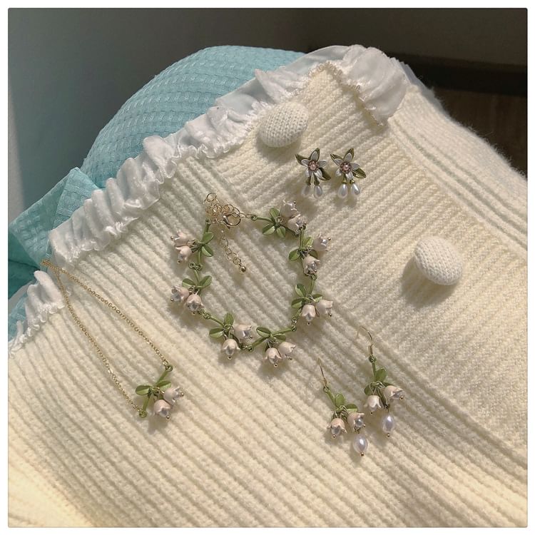 / Flower Bracelet Necklace Pearl Earring Hook Faux Stud