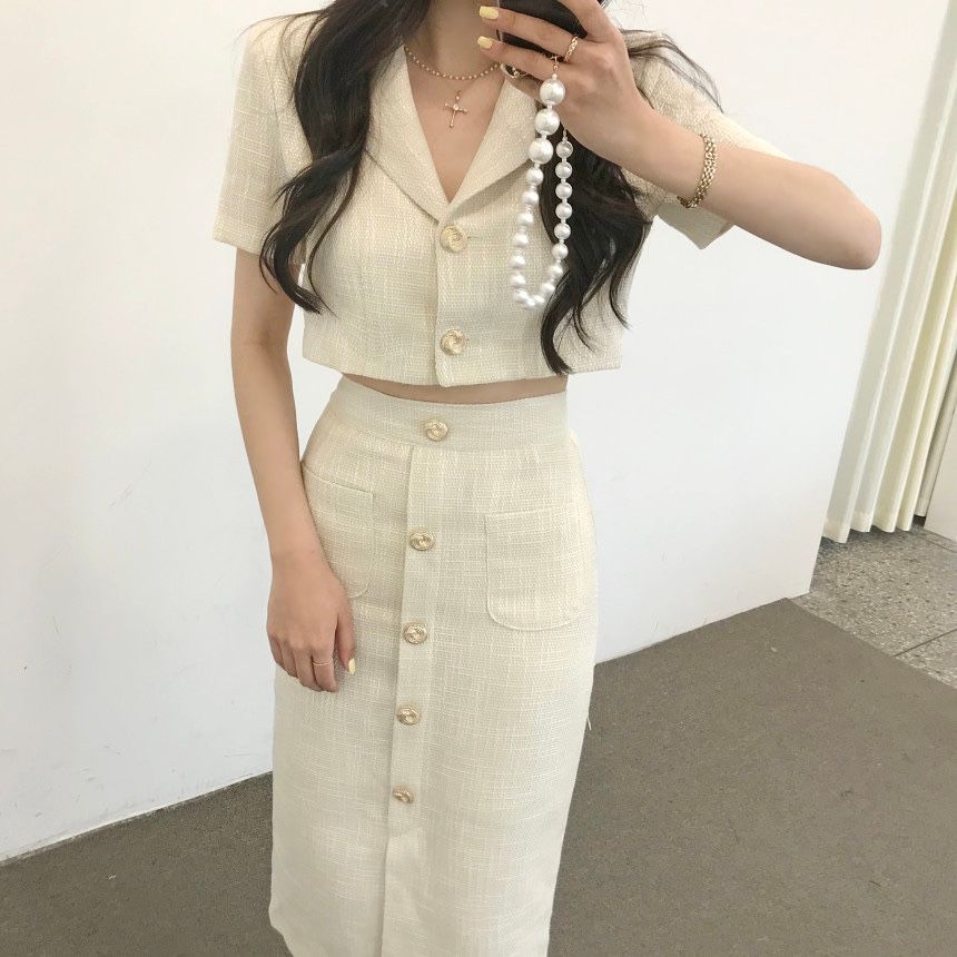 Short-Sleeve Tweed Cropped Blazer / Midi Pencil Skirt