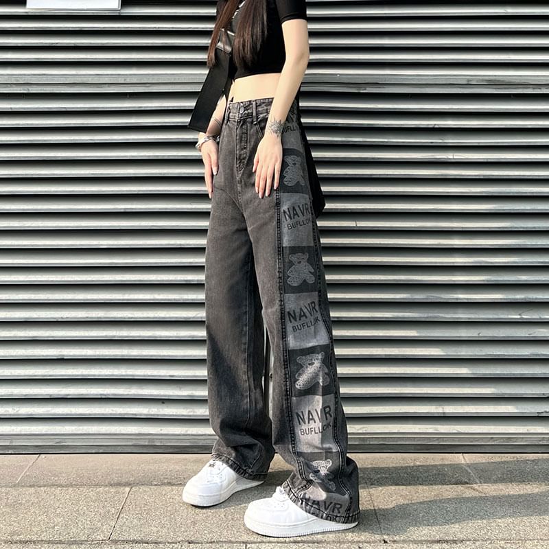 Baggy Graphic Waist Print High Jeans