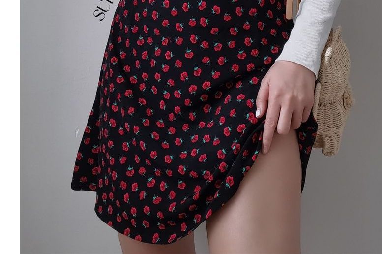 Strap Floral / Spaghetti Sleeveless Rose Dress Slim-Fit Mini Print Midi