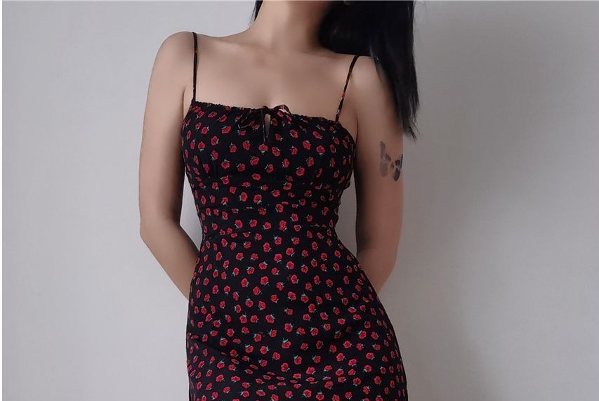 Strap Floral / Spaghetti Sleeveless Rose Dress Slim-Fit Mini Print Midi