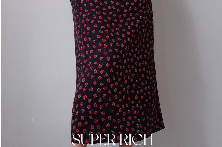 Strap Floral / Spaghetti Sleeveless Rose Dress Slim-Fit Mini Print Midi