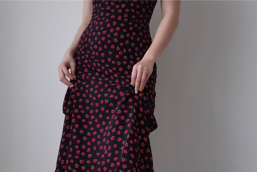 Strap Floral / Spaghetti Sleeveless Rose Dress Slim-Fit Mini Print Midi