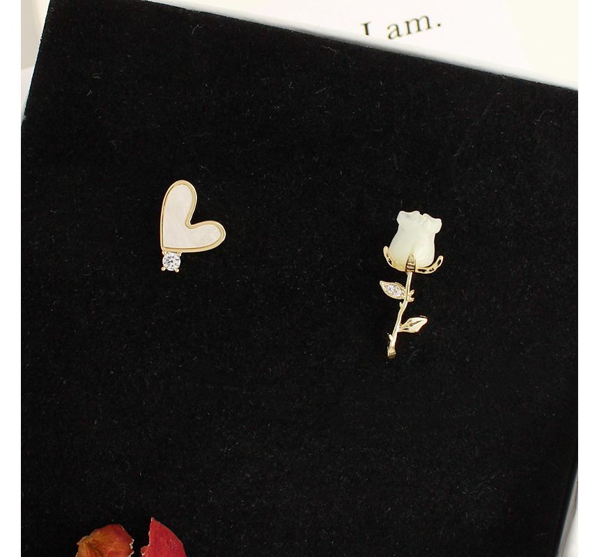 Earring Flower Shell Heart Asymmetrical Alloy