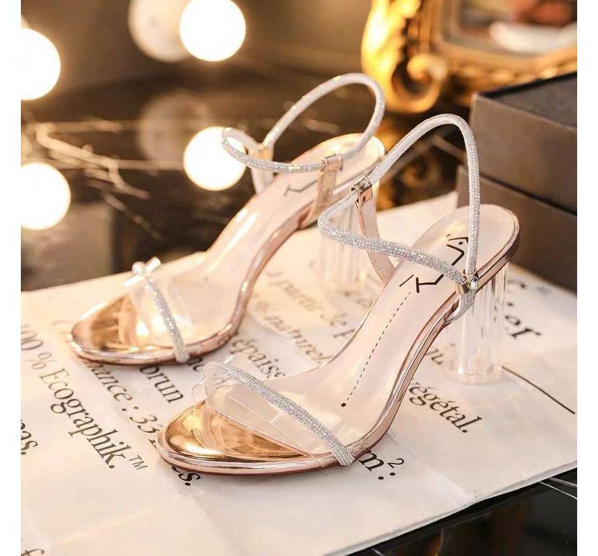 Rhinestone Chunky-Heel Sandals Ankle-Strap