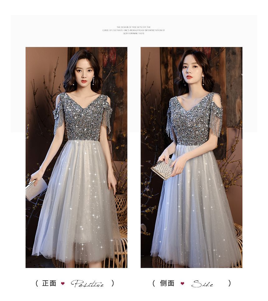 Maxi Cold Dress Prom Shoulder Sequin