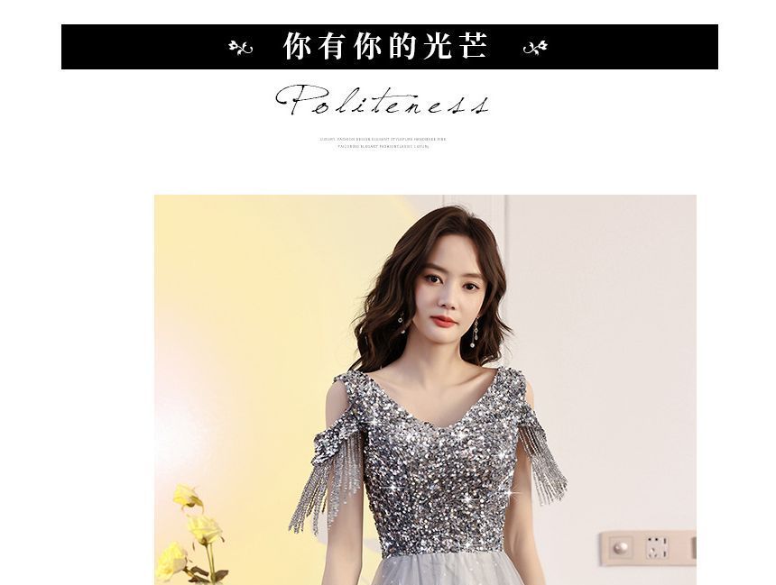 Maxi Cold Dress Prom Shoulder Sequin