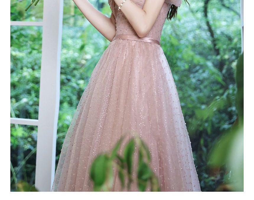 Dotted Puff-Sleeve Prom A-Line Dress