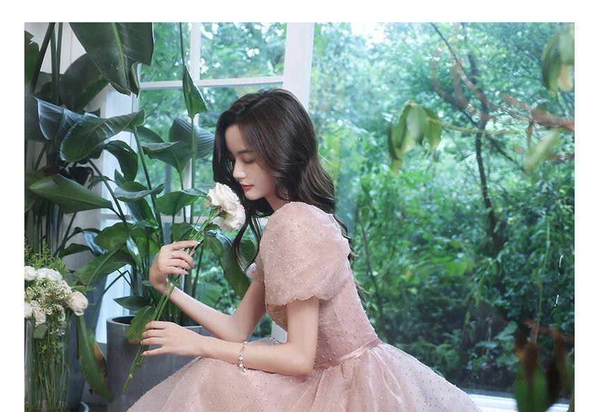 Dotted Puff-Sleeve Prom A-Line Dress