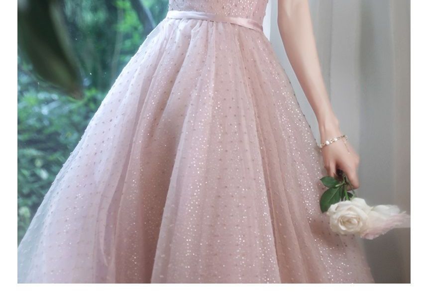 Dotted Puff-Sleeve Prom A-Line Dress