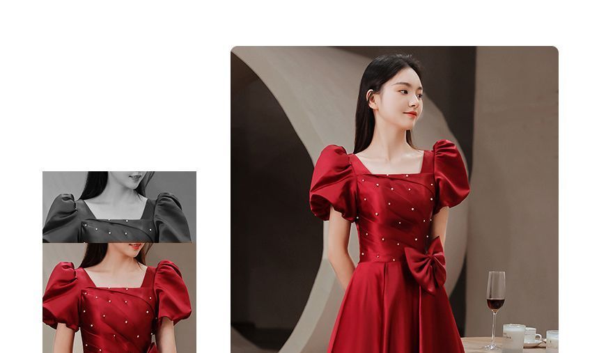 Designs) A-Line (Various Puff-Sleeve Embellished Dress Bow Prom