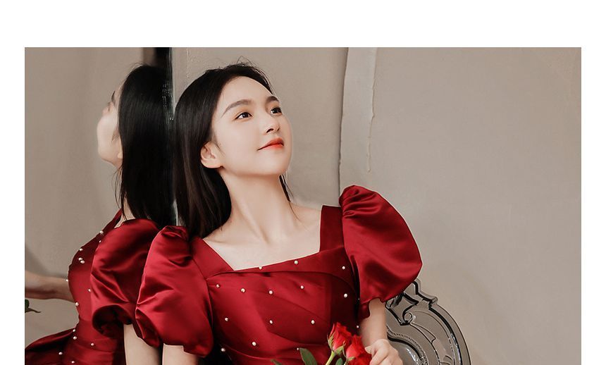 Designs) A-Line (Various Puff-Sleeve Embellished Dress Bow Prom