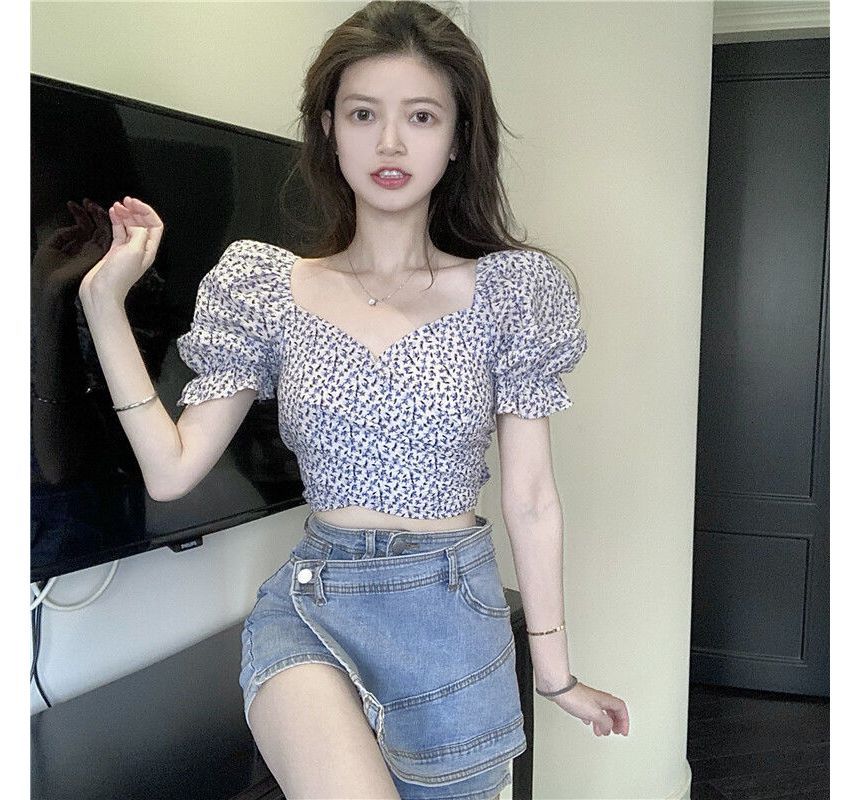 Floral Cropped Blouse Puff-Sleeve