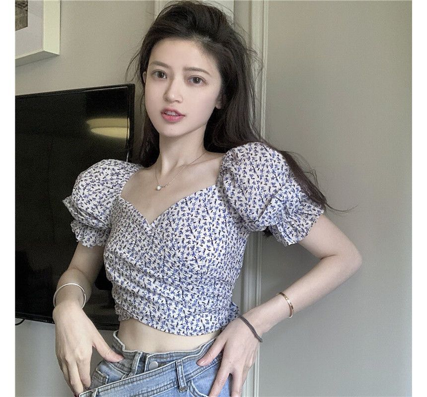 Floral Cropped Blouse Puff-Sleeve