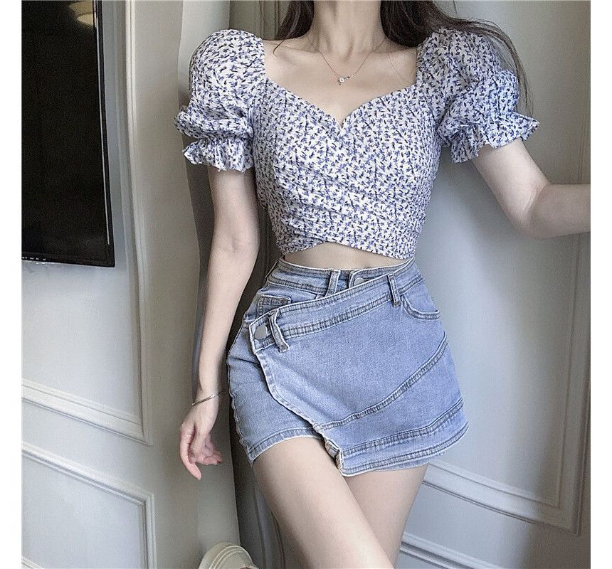 Floral Cropped Blouse Puff-Sleeve