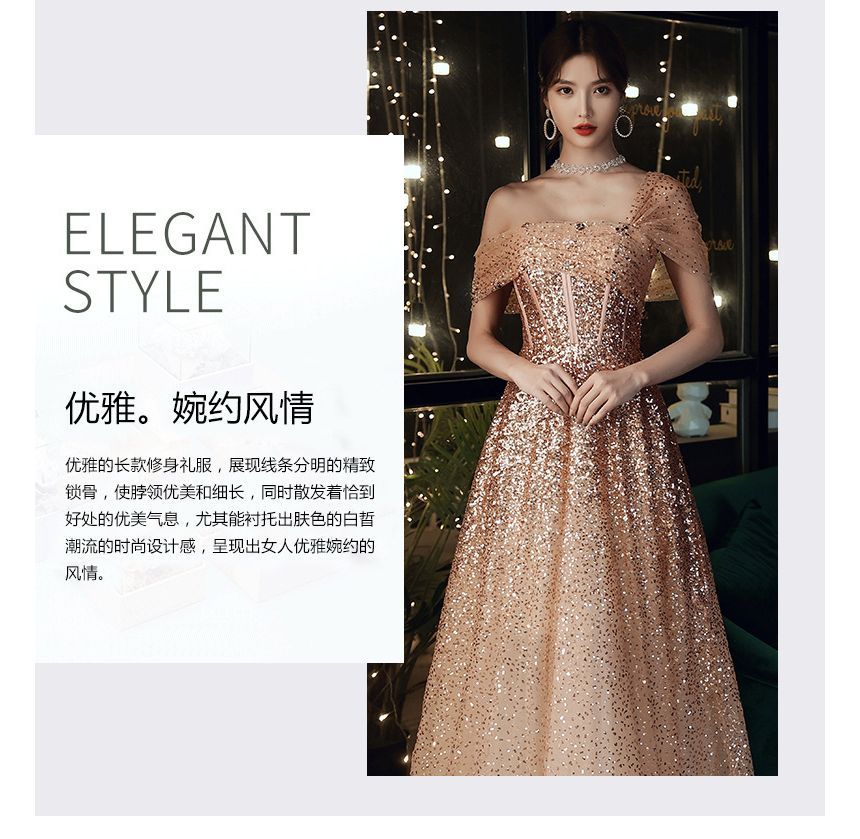 A-Line Evening Gown Off-Shoulder Sequin