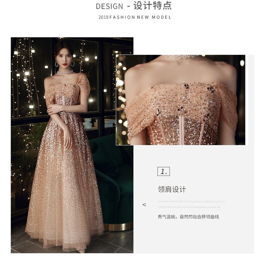 A-Line Evening Gown Off-Shoulder Sequin