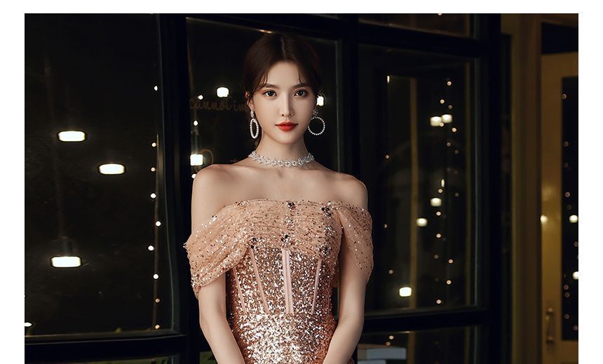 A-Line Evening Gown Off-Shoulder Sequin