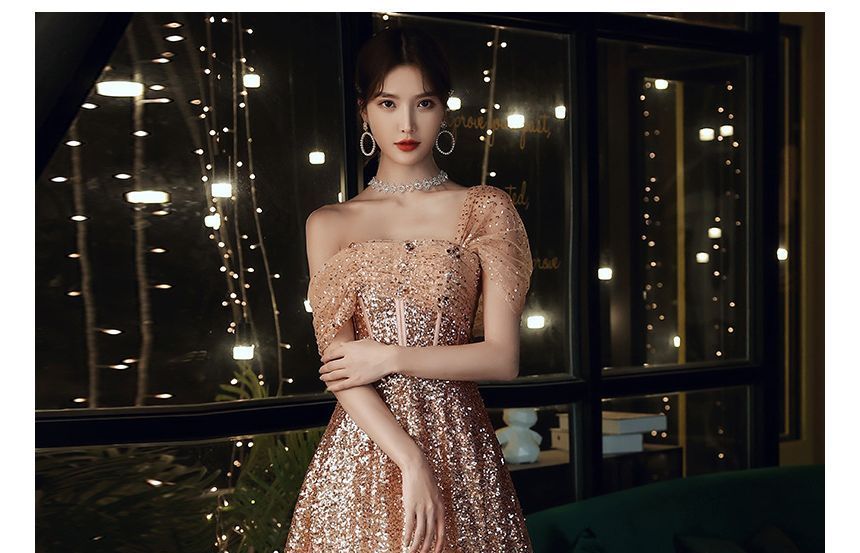 A-Line Evening Gown Off-Shoulder Sequin