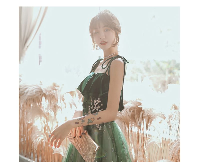 Sequin Midi A-Line Evening Gown with Spaghetti Straps