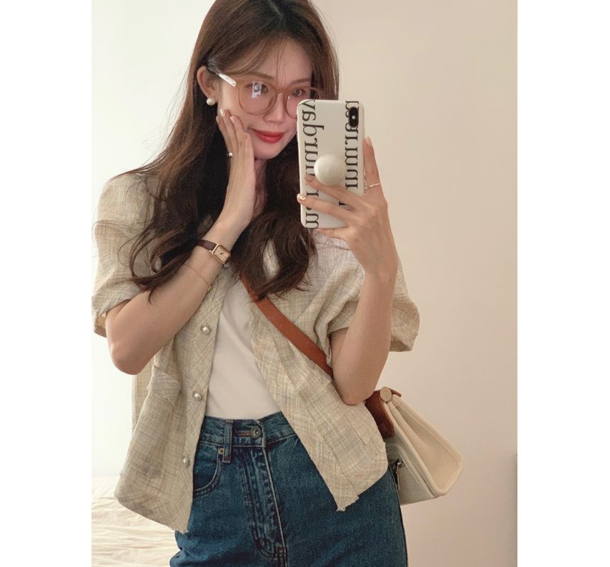 Short-Sleeve Plaid Button Blazer